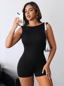 INAWLY Women's Solid Color Scoop Neck Sleeveless Fitted Romper In Summer - Black - View 5