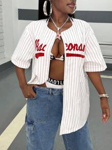 SHEIN Slayr Plus Size Women Letter & Stripe Print Single Button Casual Loose Jacket - White - View 6