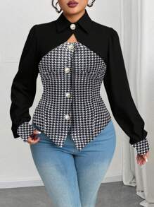 Calvaya Camisa casual, cómoda y versátil de talla grande para mujer con diseño hueco de patrón pata de gallo en patchwork