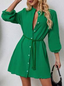 INAWLY Women's Solid Color Front Button Long Sleeve Casual Minimalist Mini Dress