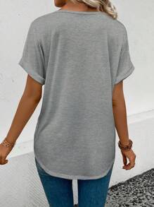 SHEIN LUNE Women's V-Neck Casual Heart Print Loose Short Sleeve T-Shirt - Light Grey - View 2