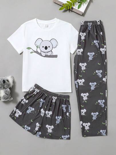 Tween Girl Cute Cartoon Koala Print Round Neck Short Sleeve T-Shirt & Short & Pants 3-Piece Pajama Set, Comfortable & Casual