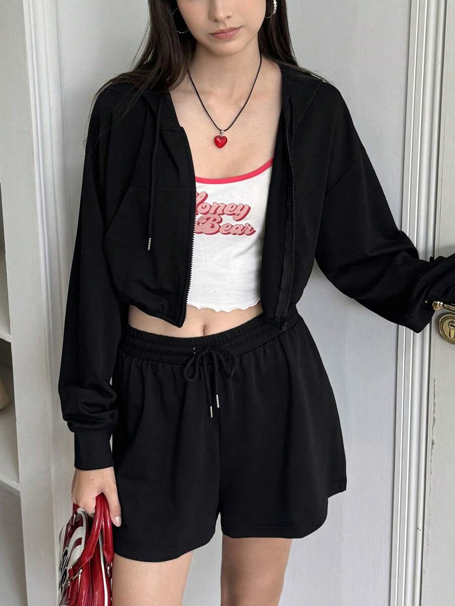 INAWLY 2pcs Women's Solid Color Hooded Zip-Up Jacket And Drawstring Shorts Casual Set - Black - View 1