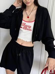 INAWLY 2pcs Women's Solid Color Hooded Zip-Up Jacket And Drawstring Shorts Casual Set - Black - View 8