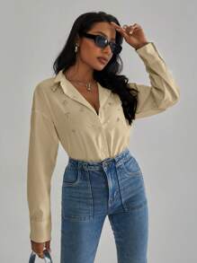 Aveloria Modichic Camicia a maniche lunghe da donna con decorazione di tipo diamante, elegante camicia casual da ufficio con bottoni per donne