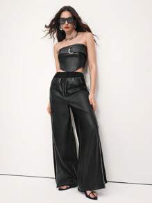 SHEIN LUNE Pantalones de cintura alta y pierna ancha con diseño de empalme de piel sintética para mujeres, casuales y versátiles - Negro - Ver 1