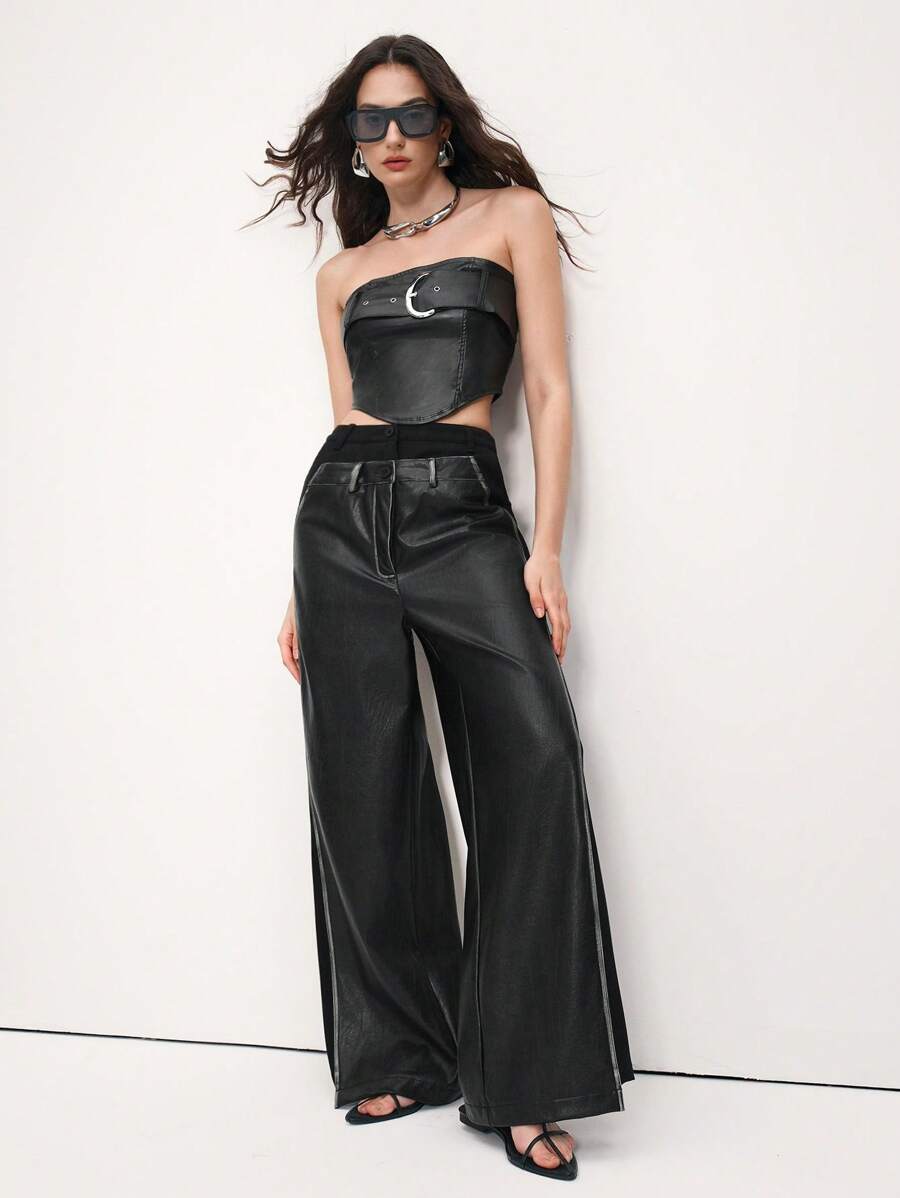SHEIN LUNE 时尚高腰阔腿裤，人造皮革拼接设计，女士休闲百搭 - 黑色 - 查看 1