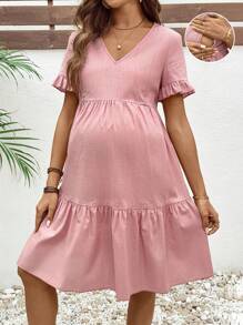 SHEIN Pregnant Women Solid Color V-Neck Short Sleeve Nursing Maternity Dress - Pink - View 1