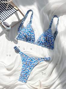 Swim Mod Women's Ditsy Floral Sexy Bikini Swimsuit Set, Random Print Pattern For Summer Beach Vacation - Blue - View 1