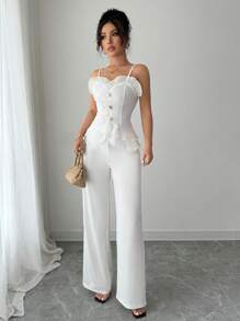 Elenzga 2pcs Women Elegant Ruffled Strap Tube Top & Straight Leg Pants Set - White - View 6