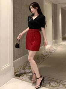 DAZY 返校亮片细节女式迷你裙 - 酒紅色 - 查看 3