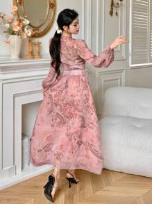DAZY 2pcs/Set Women All-Over Floral Print V-Neck Tie-Up Top And Skirt - Pink - View 2