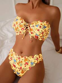 Costavie Women's Sexy Strapless 2 Pieces Swimwear, Floral Petal Trim, Casual&Elegant Beach Vacation For Summer - Yellow - View 5