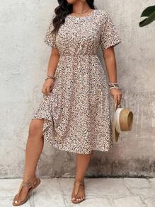 EMERY ROSE Plus Size Women Full Print Round Neck Short Sleeve Casual Loose Dress - Multicolor - View 7