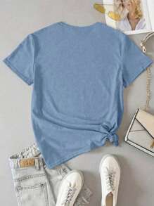 EMERY ROSE Áo thun tay ngắn cổ tròn họa tiết chữ thường cỡ lớn, mùa hè - Màu xanh bụi bặm - Xem 2