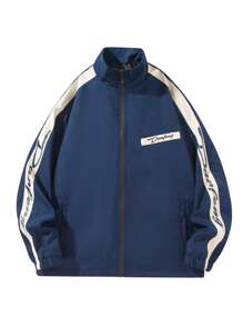Manfinity Sporsity Chaqueta con cremallera para hombre con bloqueo de color y estampado de letras, chaqueta gráfica con cremallera para hombres