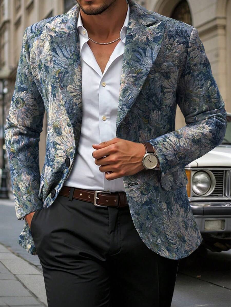 Manfinity Mode Men's Casual Daily Floral Painting Print Single-Breasted Blazer Fashion - Blue - View 1