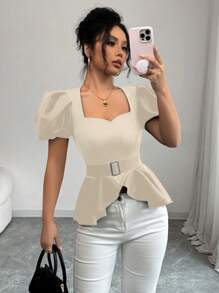 Elenzga 派对时尚荷叶边下摆方领泡泡袖女式衬衫上衣 - 杏色 - 查看 5