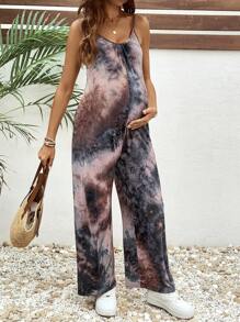 SHEIN Maternity Casual Tie-Dye One Shoulder Sleeveless Long Jumpsuit With Pockets - Multicolor - View 3