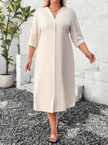 INAWLY 大码 V 领长袖前扣连衣裙 - 杏色 - 查看 3