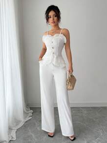 Elenzga 2pcs Women Elegant Ruffled Strap Tube Top & Straight Leg Pants Set - White - View 5