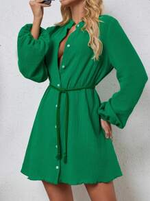 INAWLY Women's Solid Color Front Button Long Sleeve Casual Minimalist Mini Dress