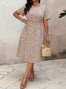 EMERY ROSE Plus Size Women Full Print Round Neck Short Sleeve Casual Loose Dress - Multicolor - View 5