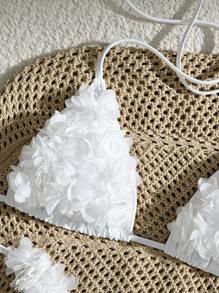 SHEIN Swim 2 件女士优雅纯色吊带泳衣，3D 花卉装饰，海滩度假风格 - 白色 - 查看 4