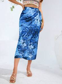 SHEIN Unity Falda con estampado de follaje superpuesto, estampado de guepardo, estilo bohemio de vacaciones, moda con estampado total - Multicolor - Ver 5