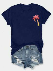 Flirla Áo thun cổ tròn tay ngắn in chữ và cây cọ cỡ lớn cho nữ - Màu xanh hải quân - Xem 3