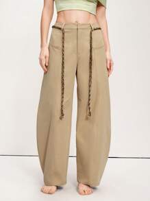 Arave Women's Casual Khaki Long Pants: Woven Fabric With Zipper Detail And Braided Rope Belt Fall Women Clothes Fall Outfits Women Fall Autumn Clothes - Khaki - View 4