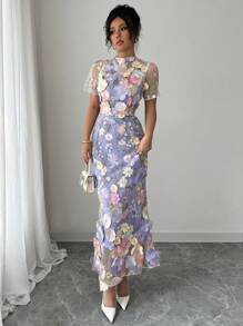 Elenzga Women Short Sleeve Fitted Elegant 3D Embroidery Dress - Multicolor - View 3