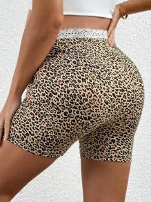 SHEIN Women's Maternity Casual Leopard Print Knitted Shorts With Adjustable Waistband And Lace Trim - Brown - View 2