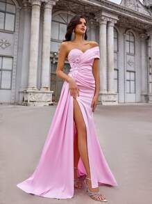 Aureia 优雅、浪漫、端庄、仙女、飘逸、粉色、缎面、不对称领口、不对称领口、胸部褶皱、贴花装饰、带鱼尾、飘逸片、前开衩、系带、拖尾、适合度假、婚礼嘉宾、节日、派对、音乐节、舞会、正式晚礼服、礼服 - 淺粉色 - 查看 4