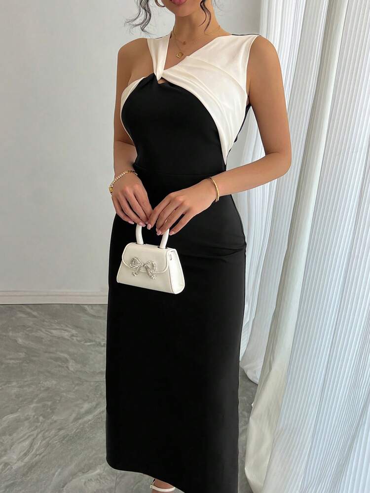 Stylish Twist Colorblock Midi Dress For Women Prom Dress Elegant Sundress Work Women Clothes,Formal Women Dresses Cocktail Dress