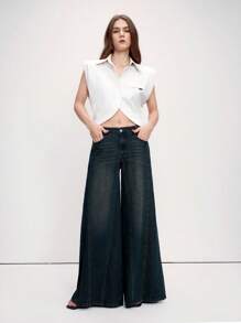 SHEIN Unity 夏季新款白色无袖垫肩仿口袋设计短款衬衫，时尚女式衬衫 - 淺灰色 - 查看 4