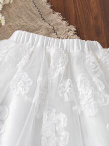 Young Girls Elegant Embroidery & Crochet Lace Net A-Line Elastic Waist Skirt - White - View 3