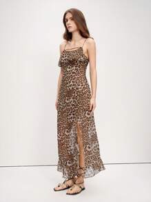 SHEIN LUNE Gaun Maxi Wanita Motif Leopard Chiffon dengan Tali Bahu Tipis, Kotak-kotak Cokelat, Musim Panas, Kasual, Liburan, Gaun Pesta Malam dengan Hiasan Ruffle Motif Cheetah - Coffee Brown - View 6