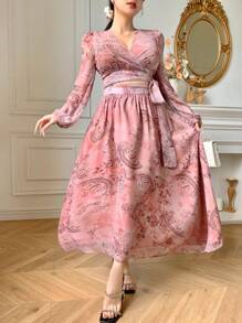 DAZY 2pcs/Set Women All-Over Floral Print V-Neck Tie-Up Top And Skirt - Pink - View 7