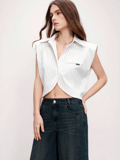 Chiquease 夏季新款白色无袖垫肩仿口袋设计短款衬衫，时尚女式衬衫