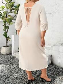 INAWLY 大码 V 领长袖前扣连衣裙 - 杏色 - 查看 2