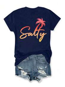 Flirla Áo thun cổ tròn tay ngắn in chữ và cây cọ cỡ lớn cho nữ - Màu xanh hải quân - Xem 2