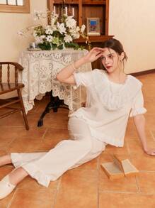 Côtesoire Conjunto de pijama de mujer con encaje francés, patchwork y volantes en el bajo - Blanco - Ver 3