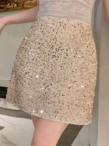 DAZY Sequined Bodycon Women Solid Color Elegant Skirt Prom - Apricot - View 7