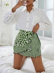 Aveloria Leopard Print Pom Pom Trim Wrap Knot Side Skirt  - Green - View 4