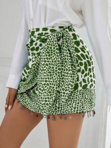 Aveloria Leopard Print Pom Pom Trim Wrap Knot Side Skirt  - Green - View 5