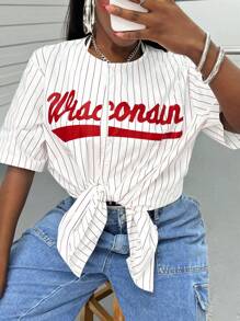 SHEIN Slayr Plus Size Women Letter & Stripe Print Single Button Casual Loose Jacket - White - View 4