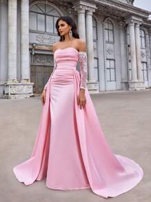 Glamrae 优雅露肩撞色蕾丝拼接领口奢华缀饰透视长袖美人鱼可拆卸超大垂坠尾（二合一）高级定制婚纱，新娘 - 淺粉色 - 查看 5