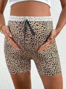 SHEIN Women's Maternity Casual Leopard Print Knitted Shorts With Adjustable Waistband And Lace Trim - Brown - View 4