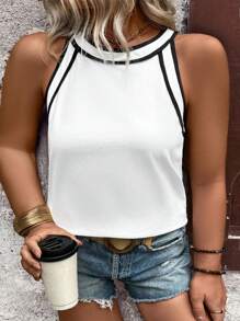 大码女式纯色拼接圆领休闲上衣，适合日常穿着 - 白色 - 查看 4